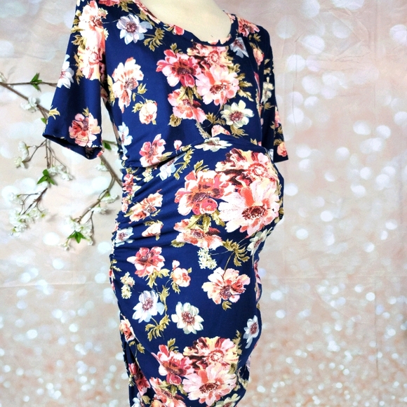 MOTHER BEE FLORAL 3/4 SLEEVES RUCHED STRETCHY COMFORTABLE MATERNITY DRESS XL - Picture 5 of 13
